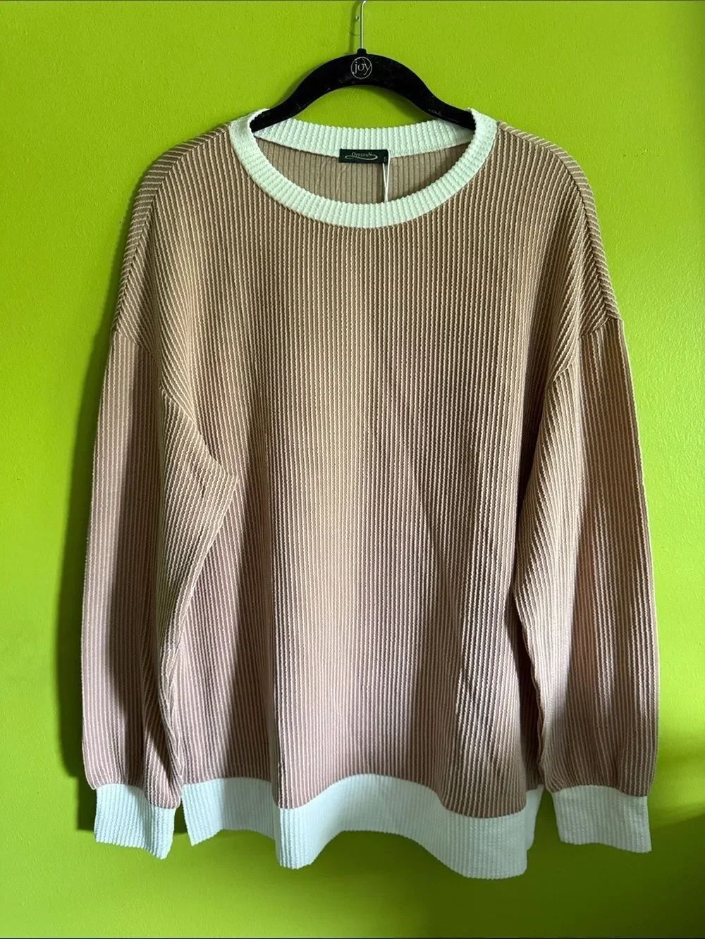 NWT Ofeefan Tan & White Ribbed Long Sleeve Crew Neck Tunic Top Shirt Size S